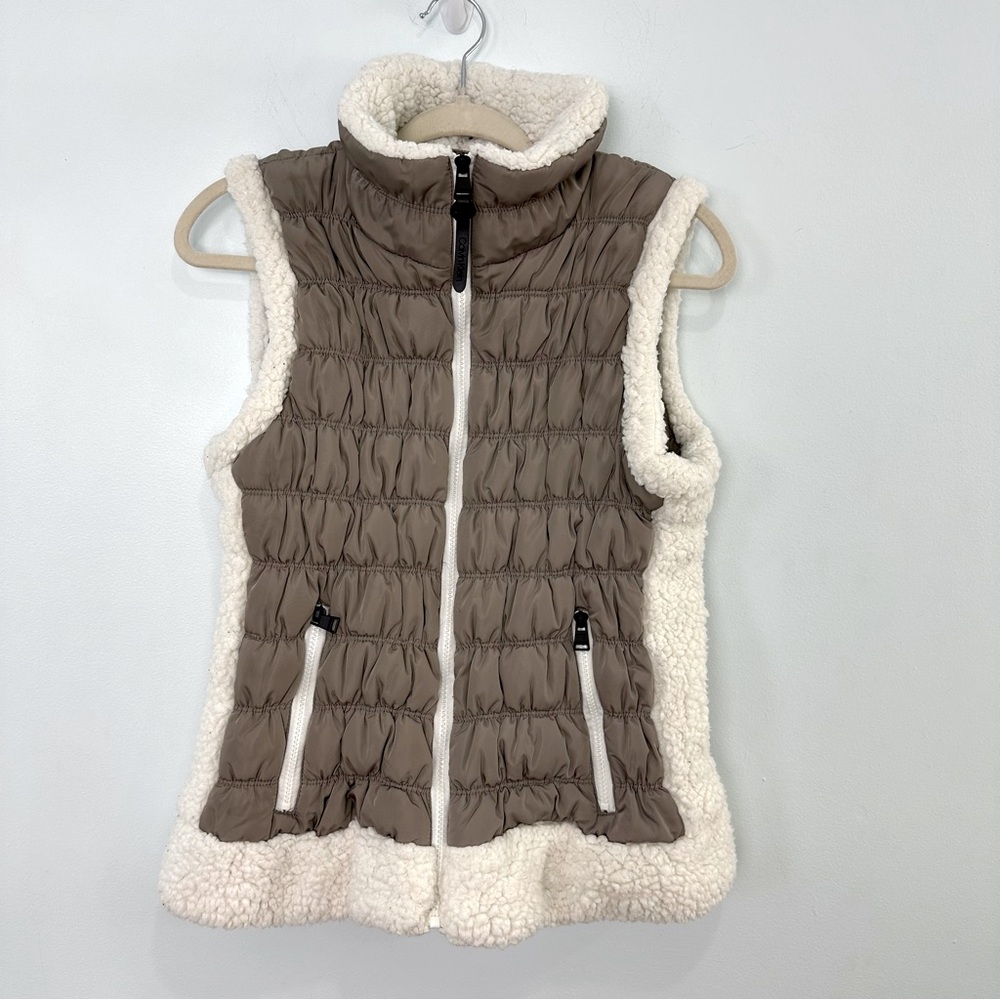 Calvin Klein Performance Size XL Taupe Puffy Vest With Cream Faux Shearling
